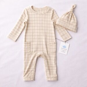 Cloud Island Baby Romper and Hat Set Beige Plaid Striped 6-9M New
